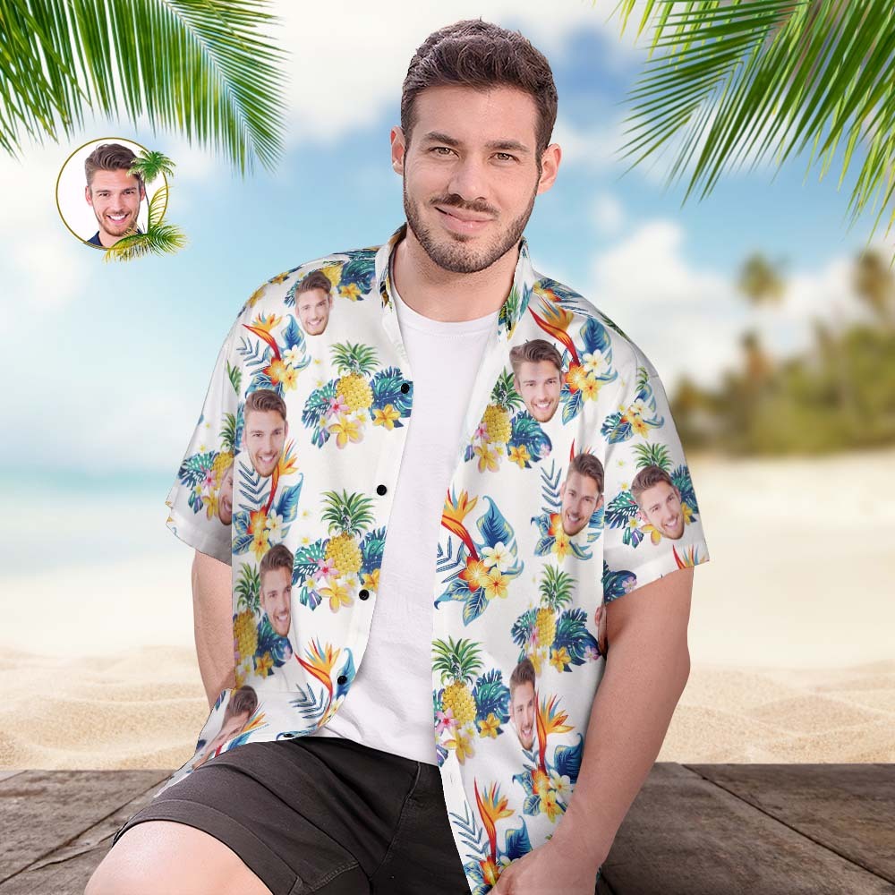 Custom Face Hawaiian Shirt Personalized Men's Photo Shirt Aloha Pineapple - PhotoBoxer
