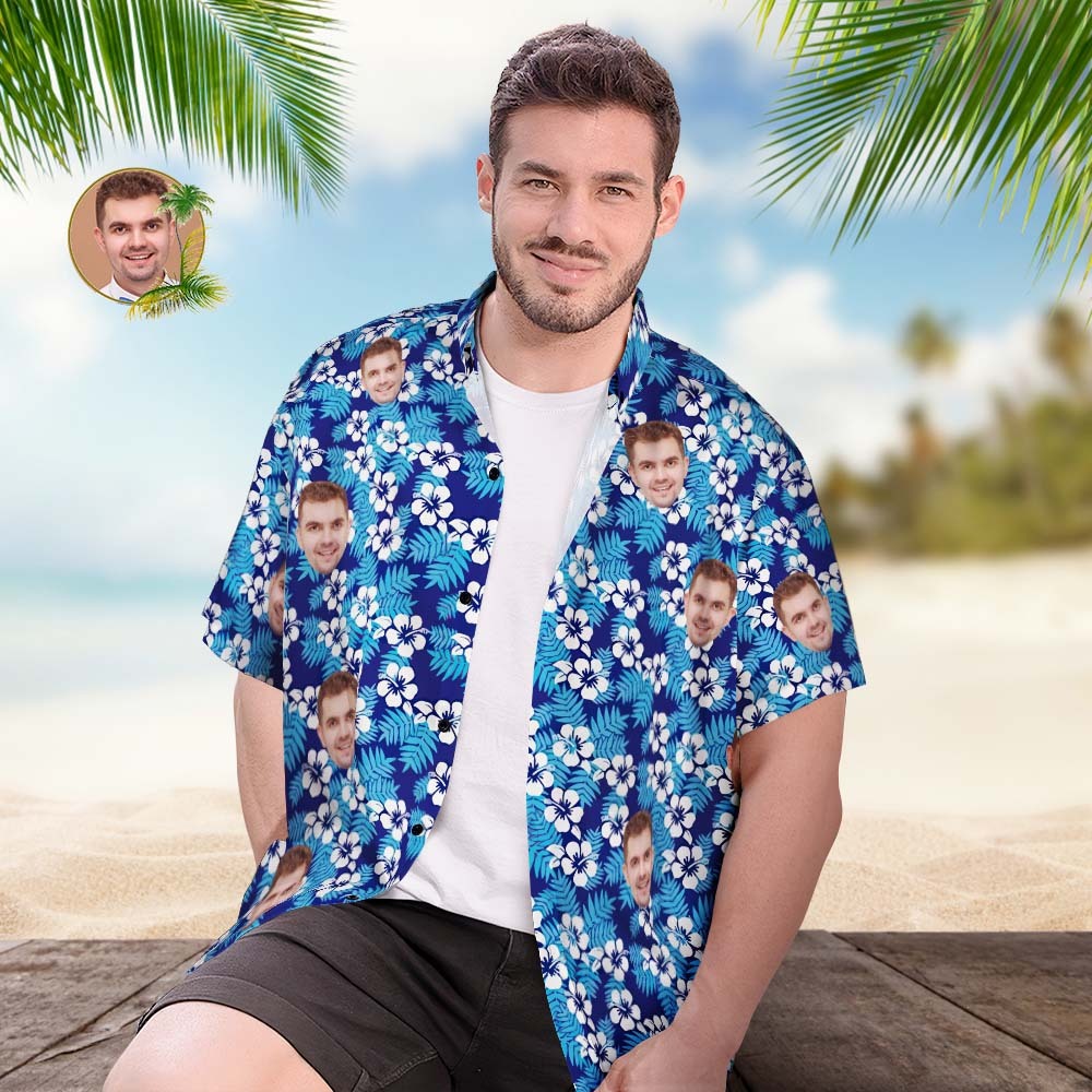 Custom Face Hawaiian Shirt Personalized Men's Photo Blue Shirt Hibiscus Pattern - PhotoBoxer