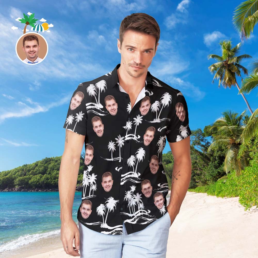 Custom Face Hawaiian Shirt Personalized Men's Photo Shirt Palm Trees And Waves - PhotoBoxer