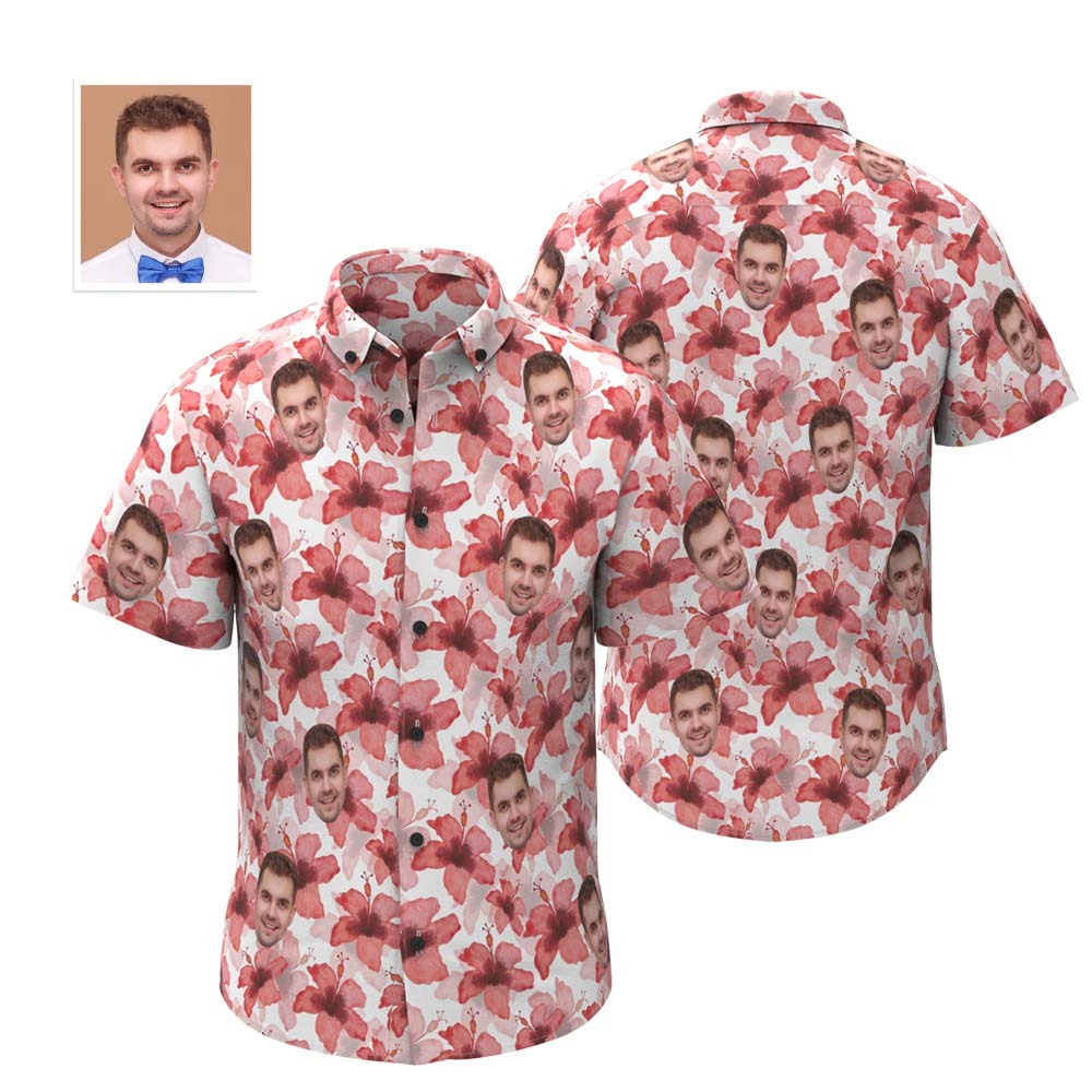 Custom Face Hawaiian Shirt Personalized Men's Photo Shirt Red Tropical Hibiscus - PhotoBoxer