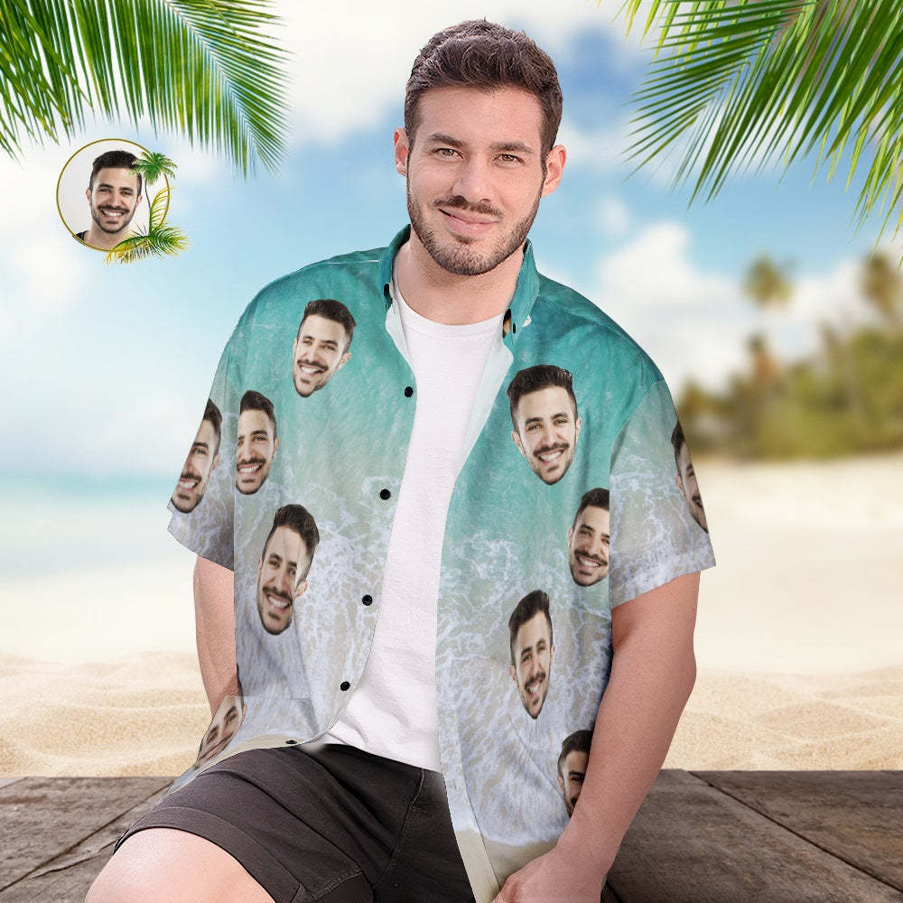 Custom Face Hawaiian Shirt Personalized Men's Photo Wave Print Shirt Vacation Party Gift - PhotoBoxer