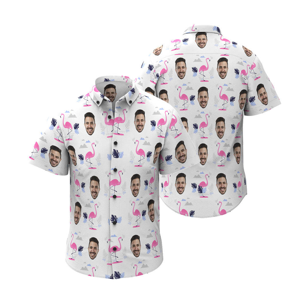 Custom Face Hawaiian Shirt Personalized Men's Photo Flamingo Print Shirt Vacation Party Gift - PhotoBoxer