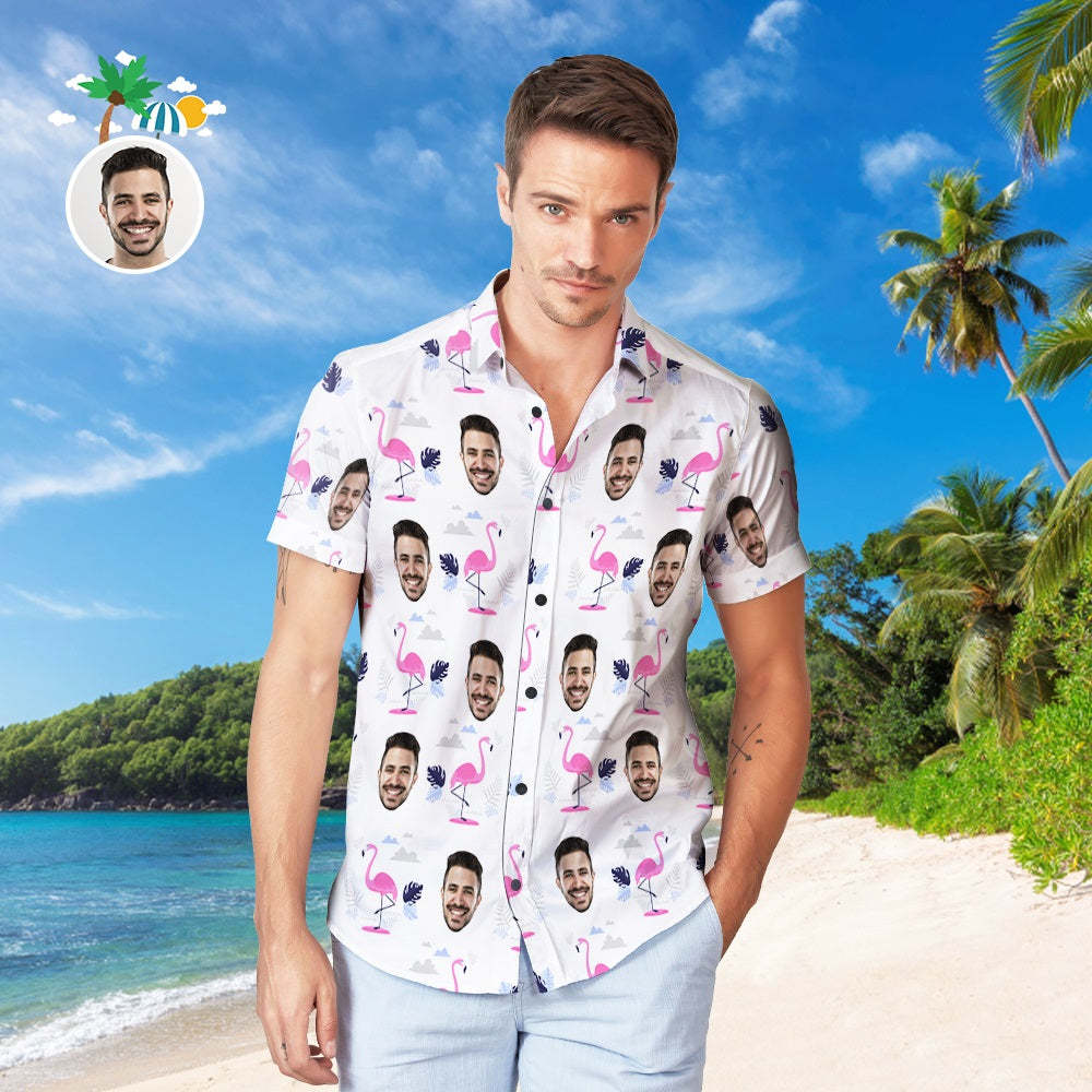 Custom Face Hawaiian Shirt Personalized Men's Photo Flamingo Print Shirt Vacation Party Gift - PhotoBoxer