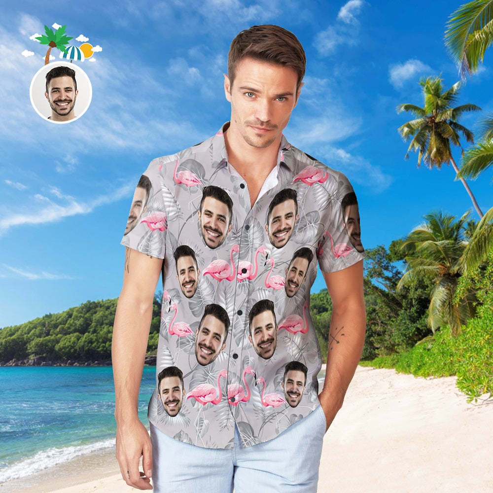 Custom Face Hawaiian Shirt Personalized Men's Photo Casual Resort Flamingo Print Shirt Vacation Party Gift - PhotoBoxer