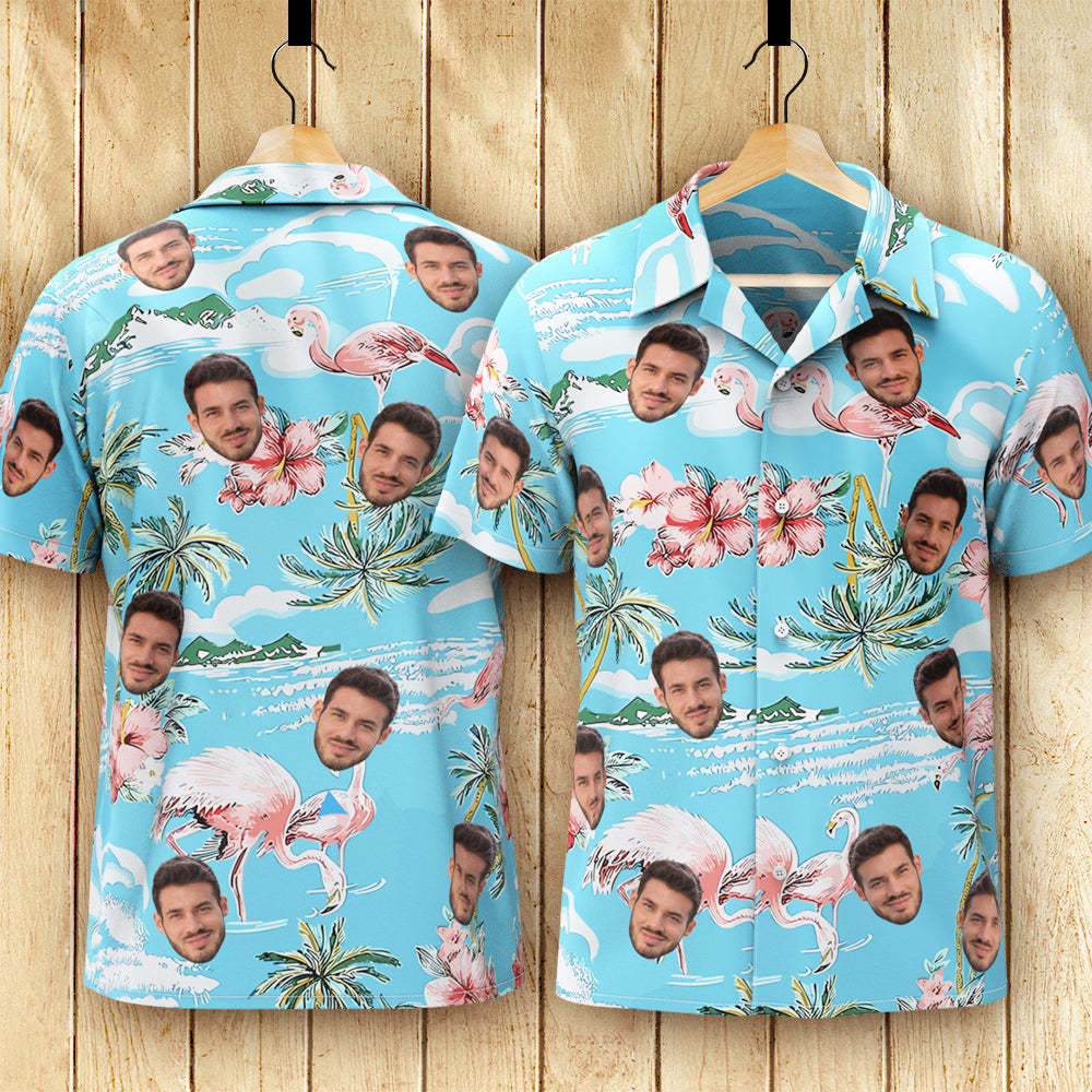 Custom Face Hawaiian Shirt Men's All Over Print Aloha Shirt Gift - Pink Flamingos and Flowers - PhotoBoxer
