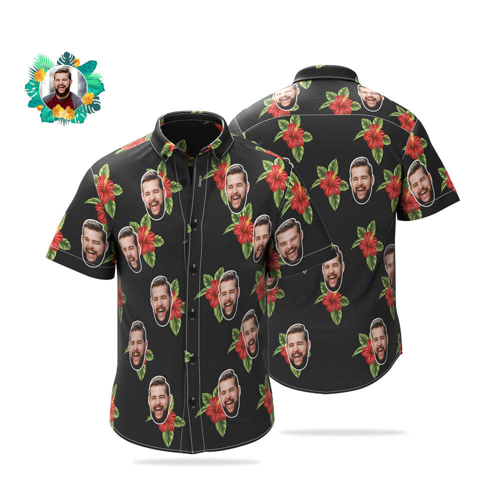 Custom Face Hawaiian Shirt Personalized Photo Summer Shirts for Men - Red Flowers