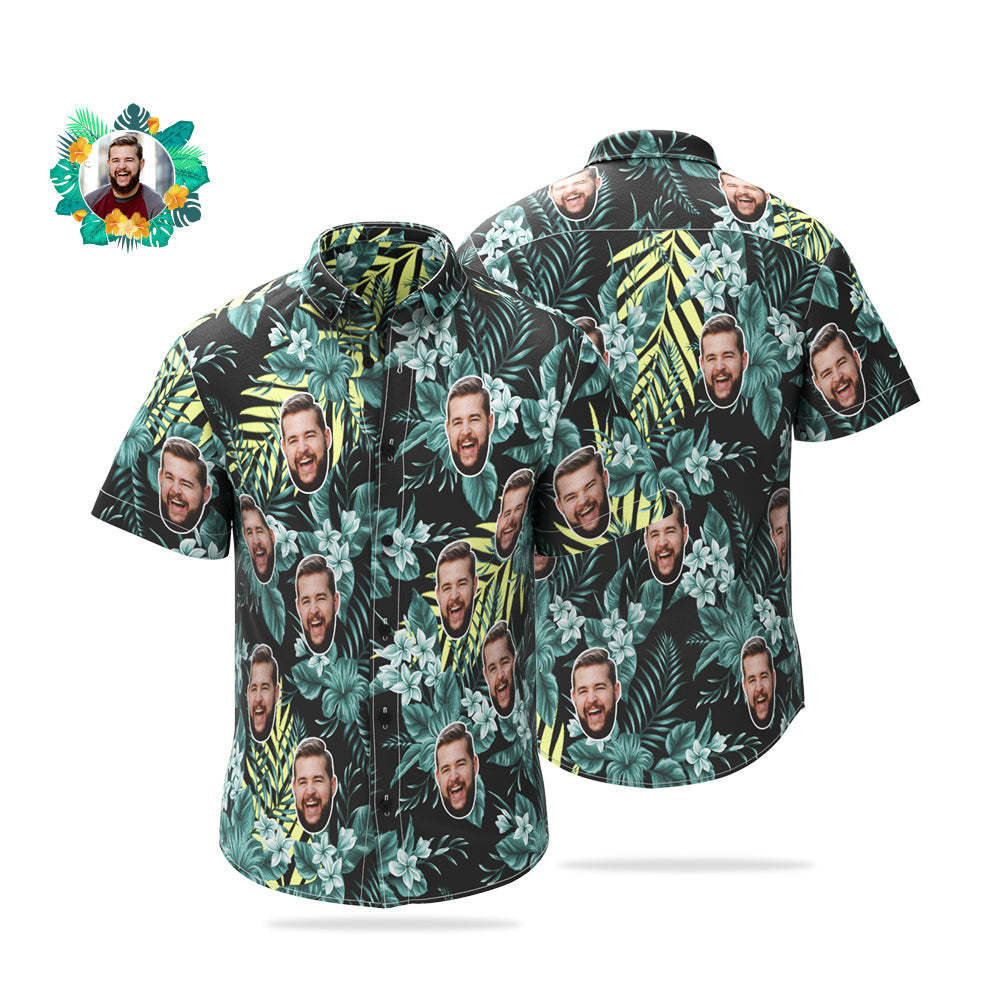 Custom Face Hawaiian Shirt Personalized Photo Summer Shirts for Men - Green Flowers