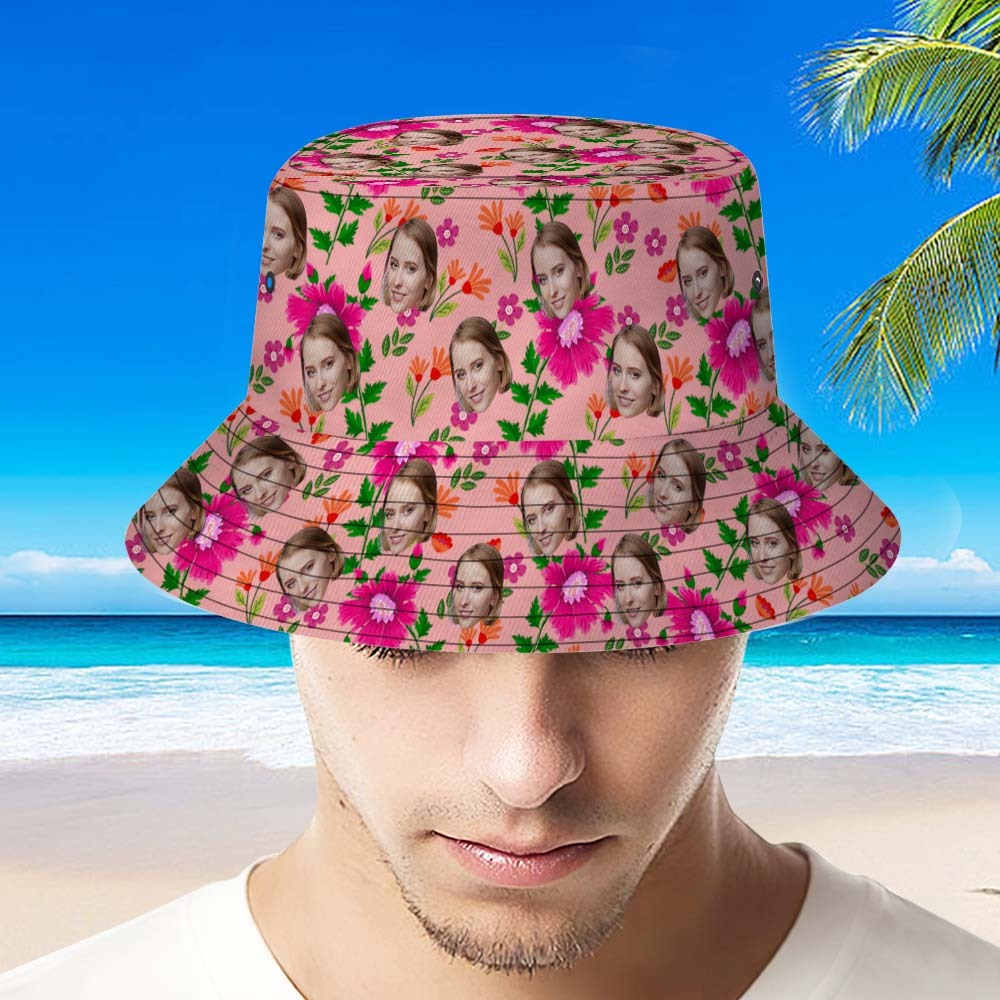 Custom Bucket Hat Unisex Face Bucket Hat Pink Flowers and Green Leaves - PhotoBoxer