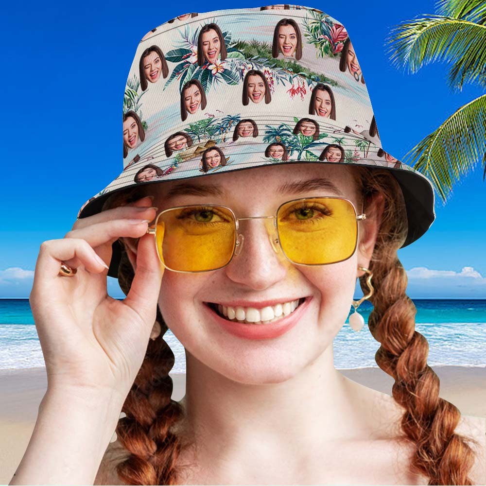 Custom Bucket Hat Unisex Face Bucket Hat Summer Print Bucket Hat Beach and Green Leaves - PhotoBoxer