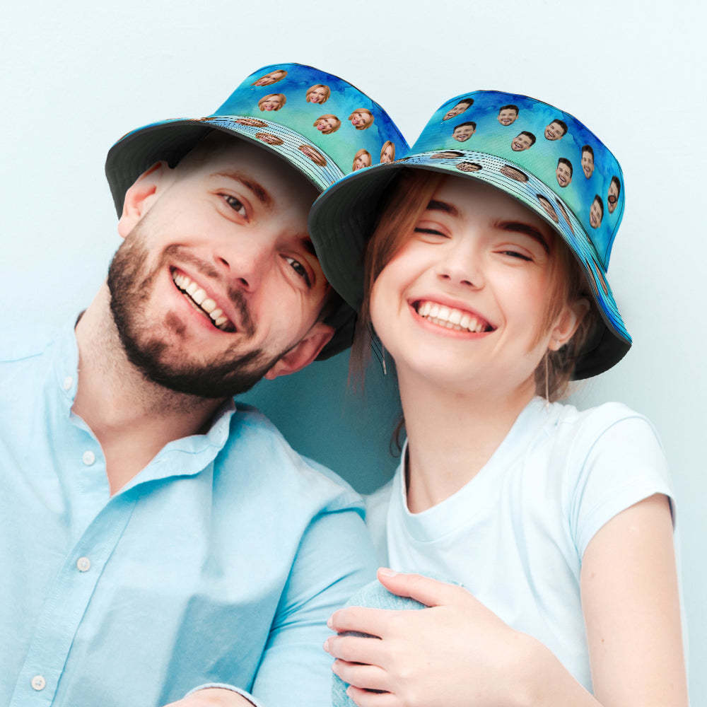 Custom Face Tie-Dye Bucket Hat Unisex Photo Personalize Summer Cap Hiking Beach Blue Green Sports Hats Gift for Lover