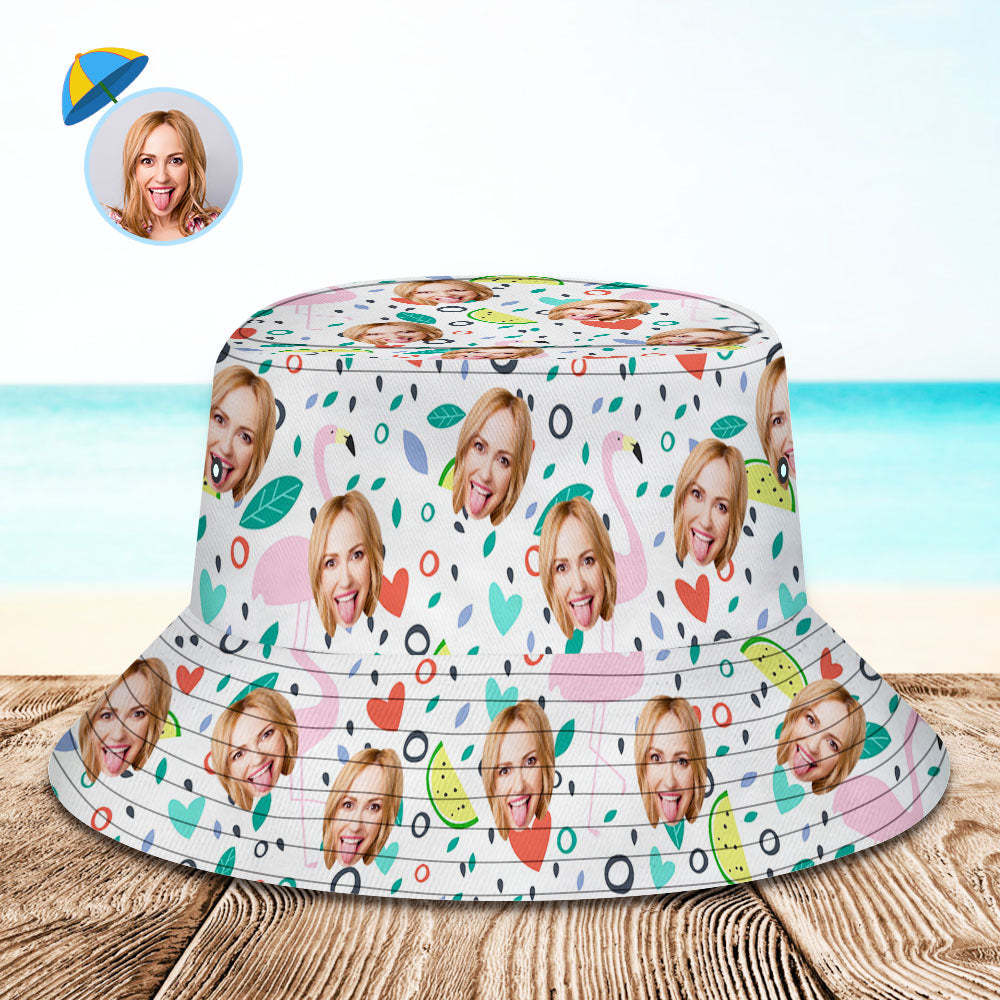 Custom Face Bucket Hat Unisex Personalized Photo Summer Cap Flamingo Pattern Hiking Beach Hats Gift for Lover