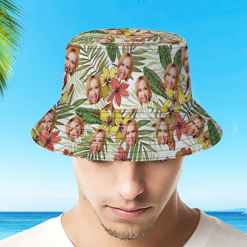 Custom Face Bucket Hat Unisex Personalized Photo Summer Cap Tropical Pattern Hiking Beach Hats Gift for Lover