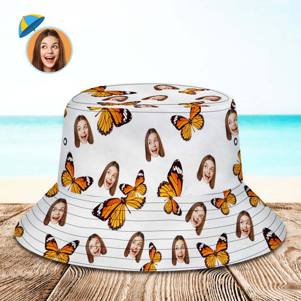Custom Face Bucket Hat Unisex Personalized Photo Summer Cap Butterflies Hiking Beach Hats Gift for Lover