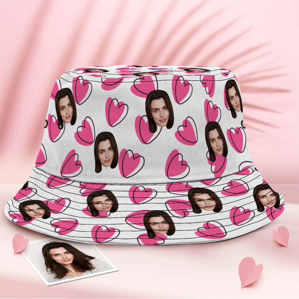 Custom Face Bucket Hat Unisex Personalized Photo Summer Cap Hiking Beach Hats - Pink Heart