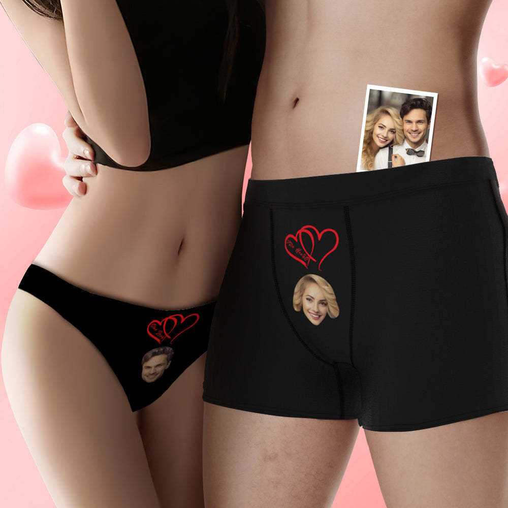 Custom Face Couple Underwear Two Hearts One Love Personalized Underwear Valentine's Day Gift - PhotoBoxer