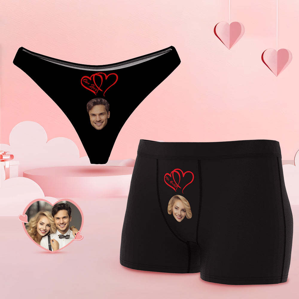 Custom Face Couple Underwear Two Hearts One Love Personalized Underwear Valentine's Day Gift - PhotoBoxer