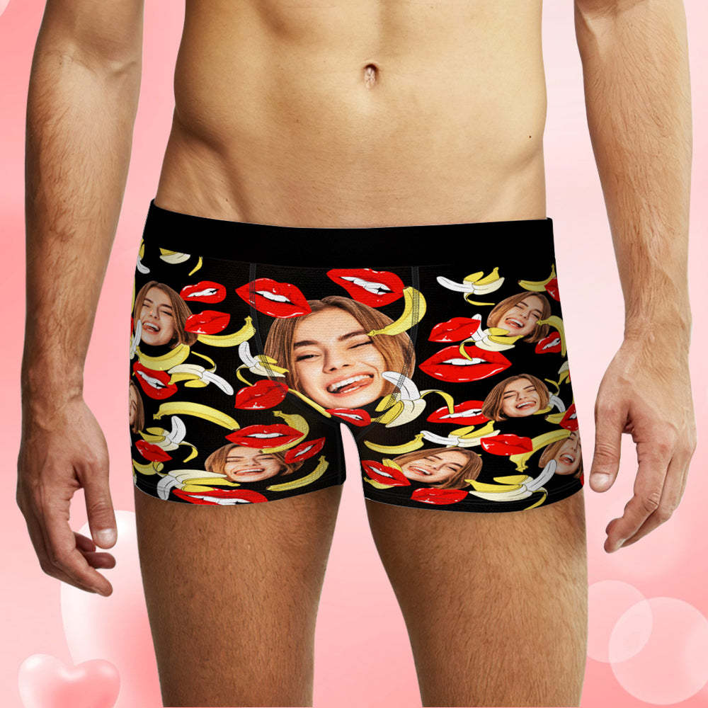 Custom Face Underwear Personalized Eat Banana Boxer Briefs and Panties Valentine's Day Gifts for Couple - PhotoBoxer