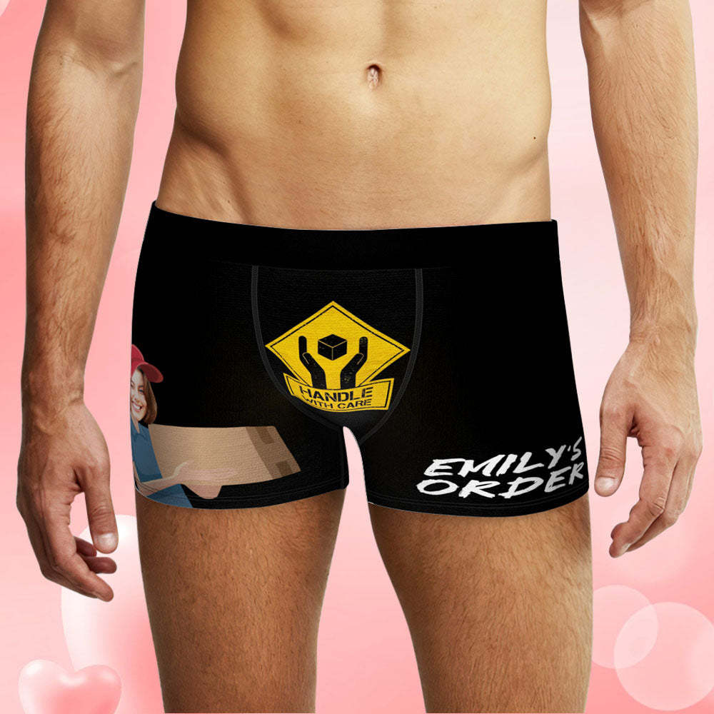 Custom Face Boxer Briefs Personalized Underwear HANDLE WITH CARE Valentine's Day Gifts for Him - PhotoBoxer