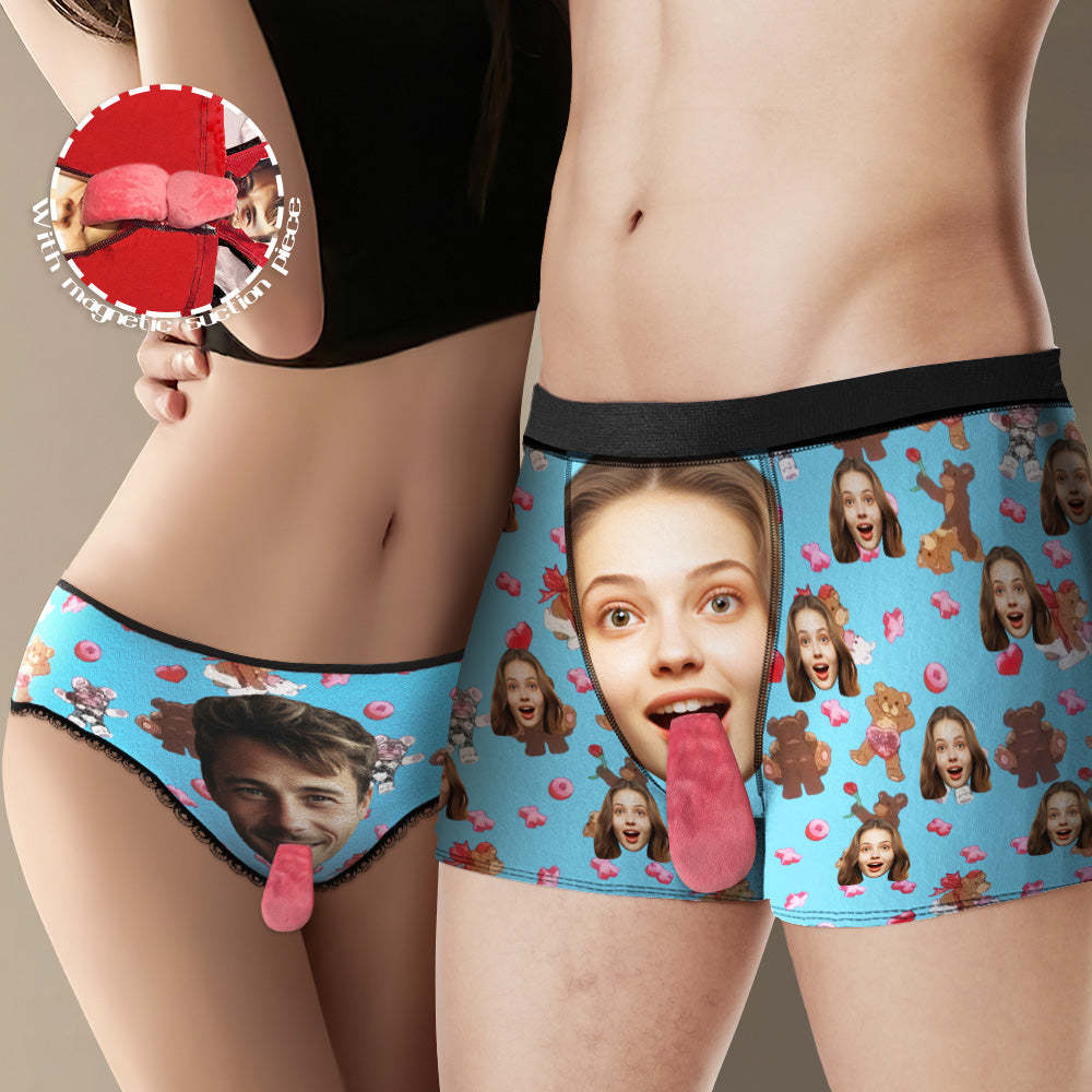 Custom Face Underwear Personalized Magnetic Tongue Underwear Love Bear Valentine's Gifts for Couple - PhotoBoxer