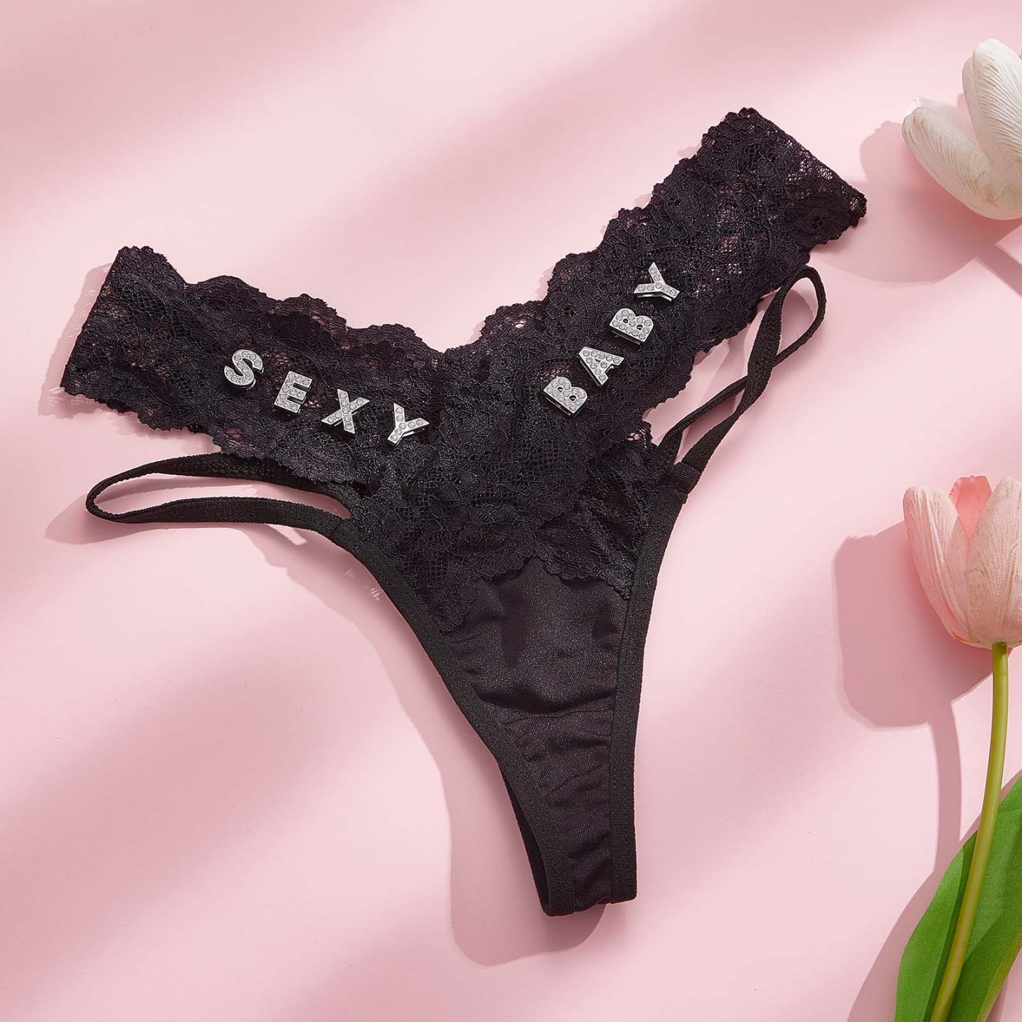 Custom Rhinestone Alphabet Thong French Lace Thong - PhotoBoxer