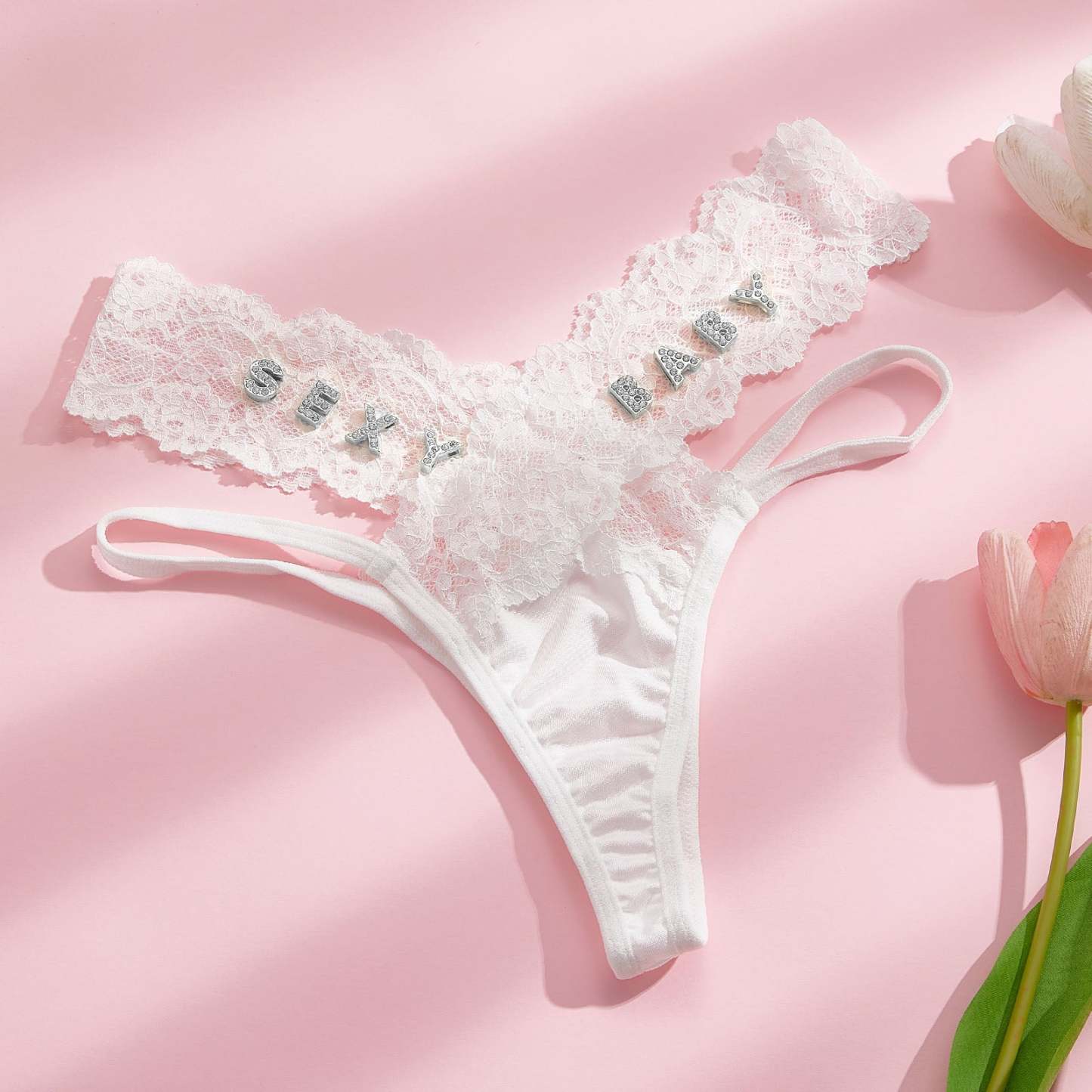 Custom Rhinestone Alphabet Thong French Lace Thong - PhotoBoxer