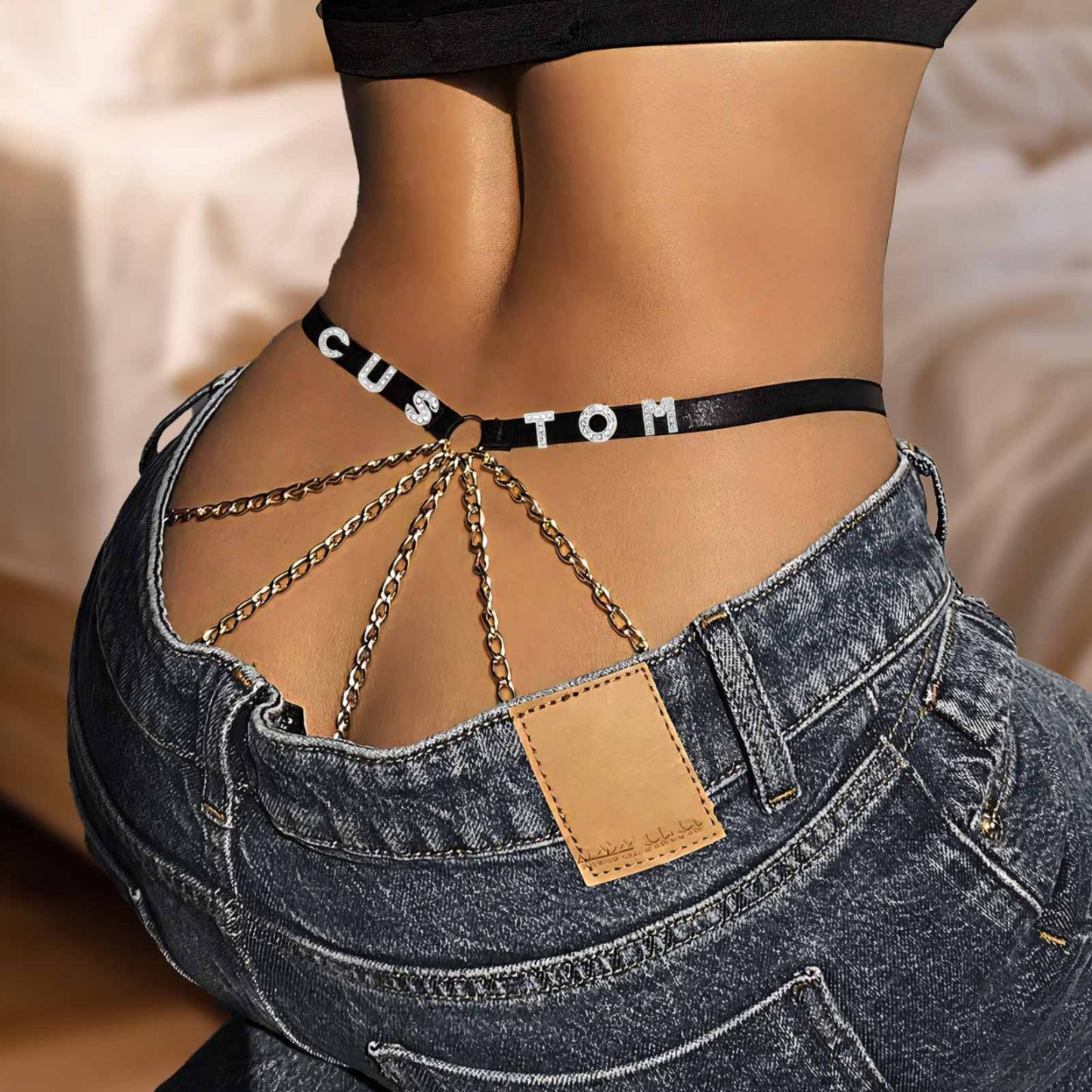 Custom Rhinestone Alphabet Thong Mesh Sexy Mesh Chain - PhotoBoxer