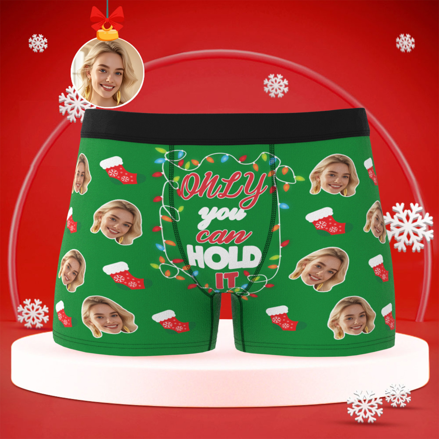 Custom Christmas Face Boxer Briefs, Funny Personalized Gift "Only You Can Hold It", Best Holiday Gift for Boyfriend, Husband, or Couples - PhotoBoxer