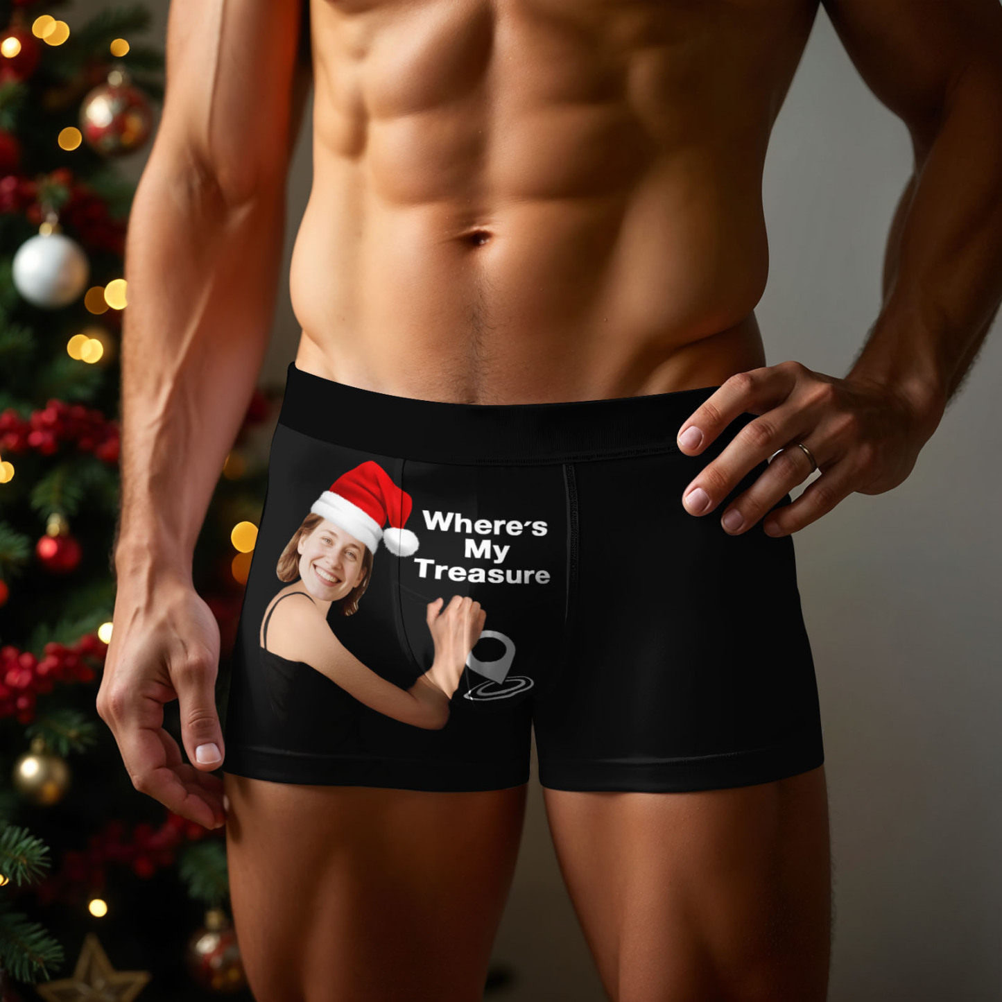 Custom Christmas Face Boxer Briefs, Personalized Photo Underwear, "Where’s My Treasure" Unique Gift, Fun Holiday Gift for Boyfriend, Husband, or Couples - PhotoBoxer