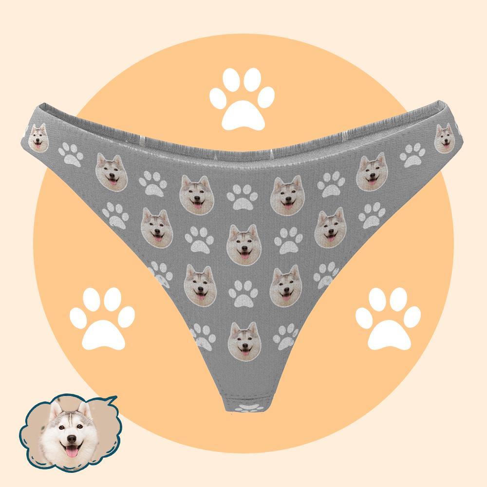 Personalized Photo Thong Dog Face Underwear Cute Paw Print - grey