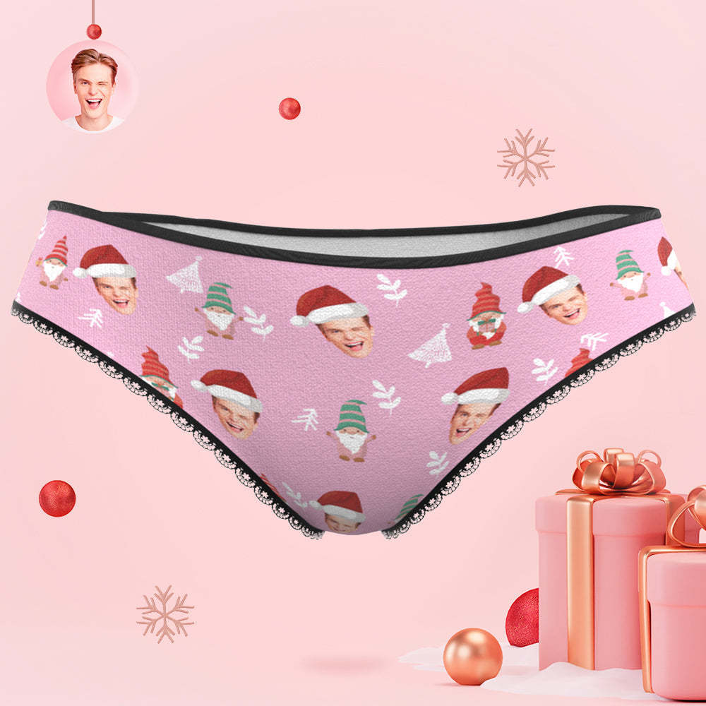 Custom Face Christmas Gnomes Pink Women's Panties Personalized Pink Christmas Gift