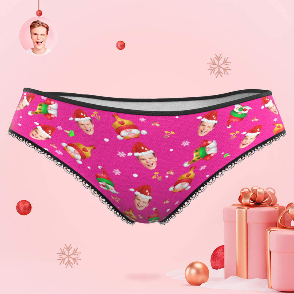 Custom Face Happy Gnomes Pink Christmas Women's Panties Personalized Pink Christmas Gift