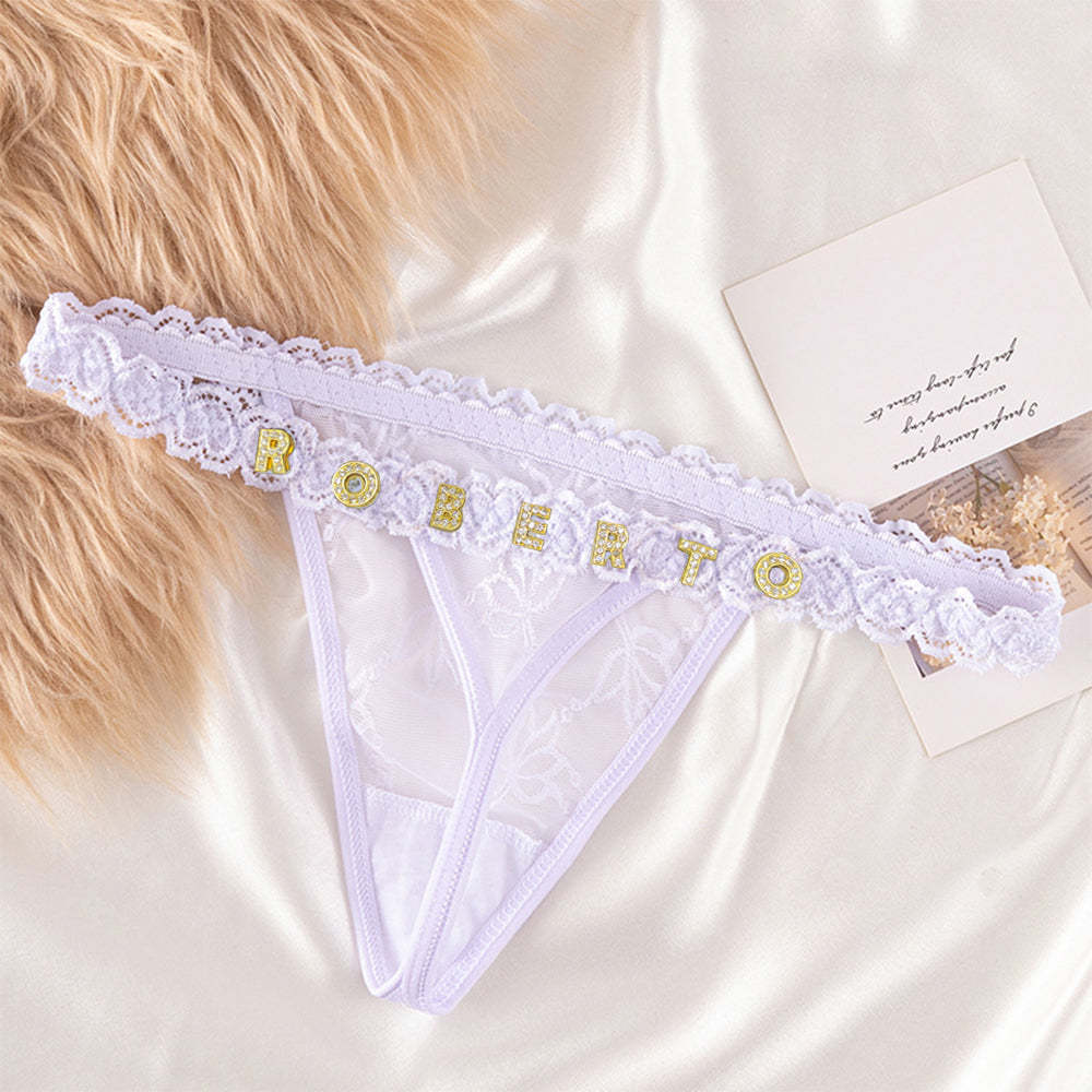 Custom Lace Thongs with Jewelry Crystal Letter Name Gift for Her - PhotoBoxer