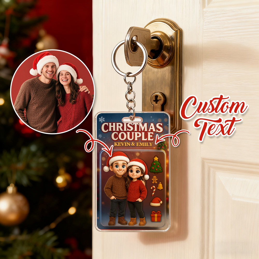 Custom Christmas Couple Action Figure Keychain, A Heartwarming Holiday Keepsake, Best Christmas Gift for Him - PhotoBoxer