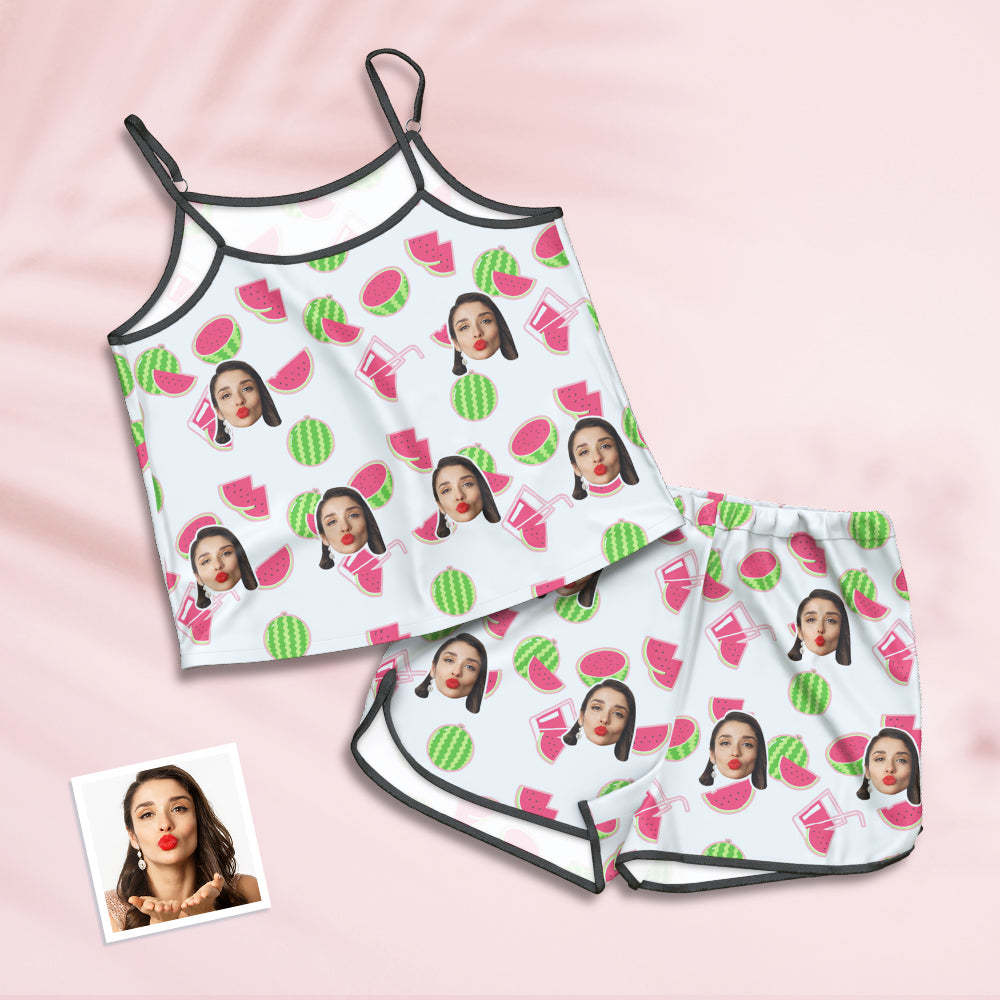Custom Face Pajamas Suspender Sleepcoat Shorts Lingerie Set Summer Sleepwear - Watermelon