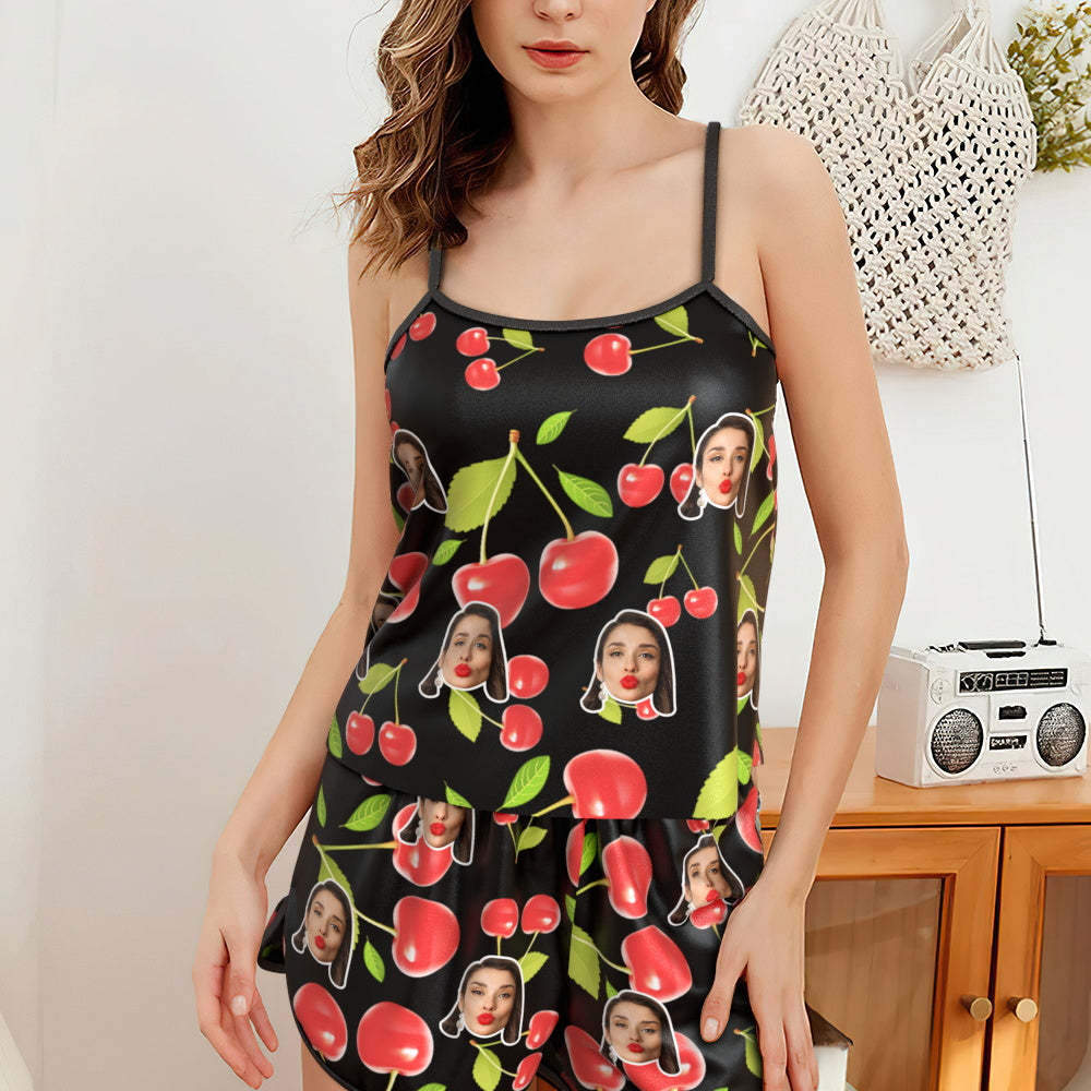 Custom Face Pajamas Suspender Sleepcoat Shorts Lingerie Set Summer Sleepwear - Cherry
