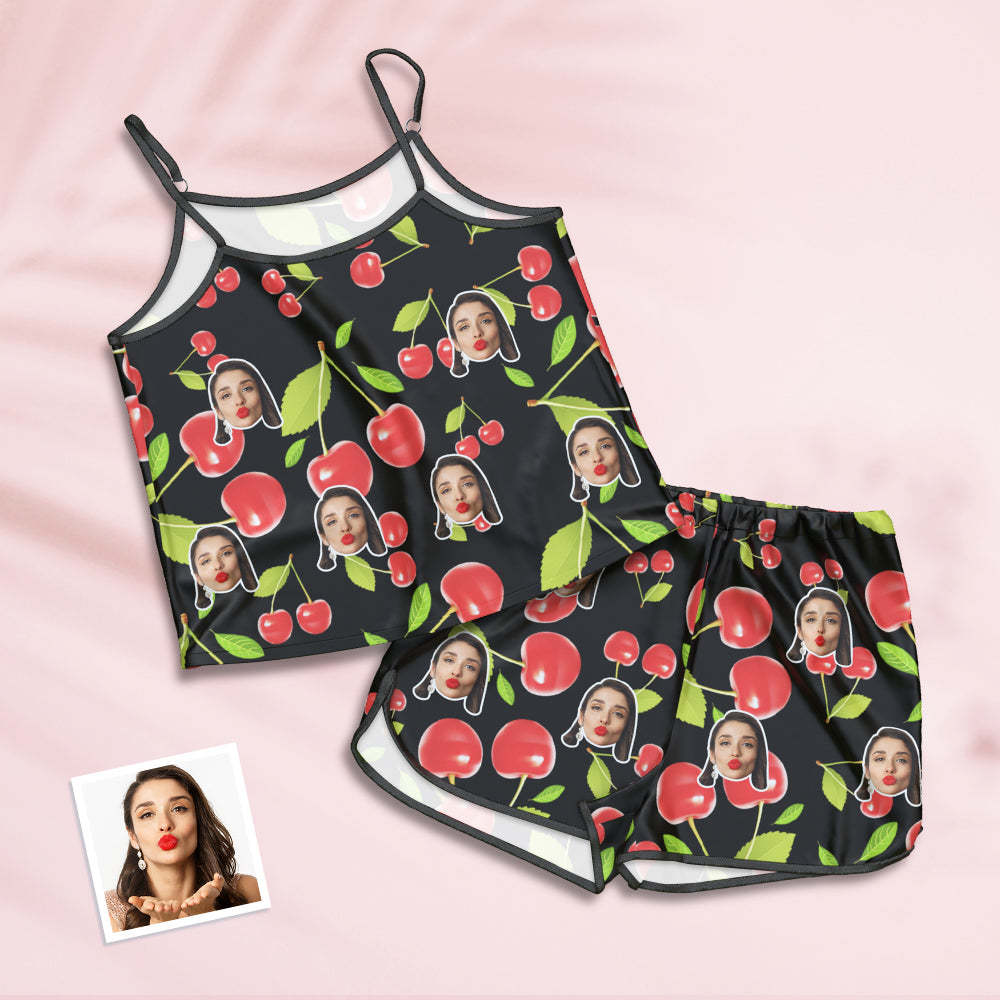 Custom Face Pajamas Suspender Sleepcoat Shorts Lingerie Set Summer Sleepwear - Cherry