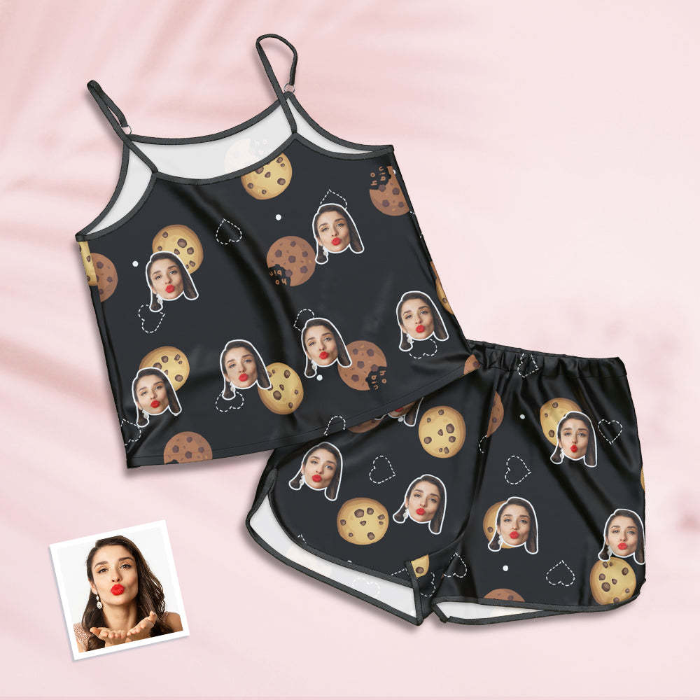 Custom Face Pajamas Suspender Sleepcoat Shorts Lingerie Set Summer Sleepwear - Cookies