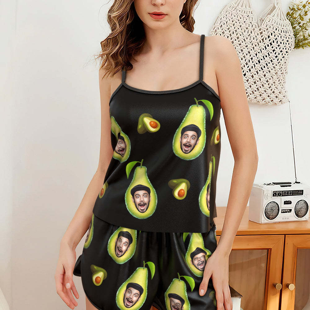 Custom Face Pajamas Suspender Sleepcoat Shorts Lingerie Set Summer Sleepwear - Avocado