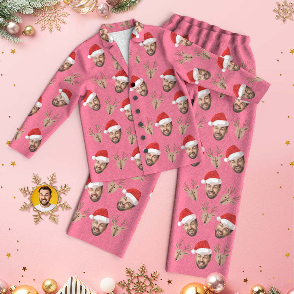 Custom Face Deer Pajamas Personalized Pink Pajamas Women Men Set Christmas Gift