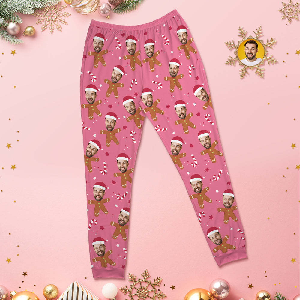 Custom Face Pink Pajamas Personalized Round Neck Gingerbread Christmas Pajamas For Women And Men