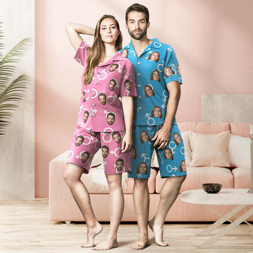 Custom Face Short Blue Sleeved Pajamas Personalized Photo Sleepwear Women Men Summer Pajamas Valentine's Day Gift