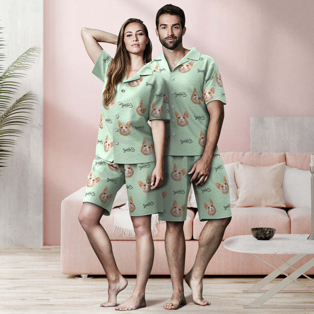 Custom Face Short Sleeved Pajamas Personalized Cat Sleepwear With Fish Women Men Pajamas - PhotoBoxer