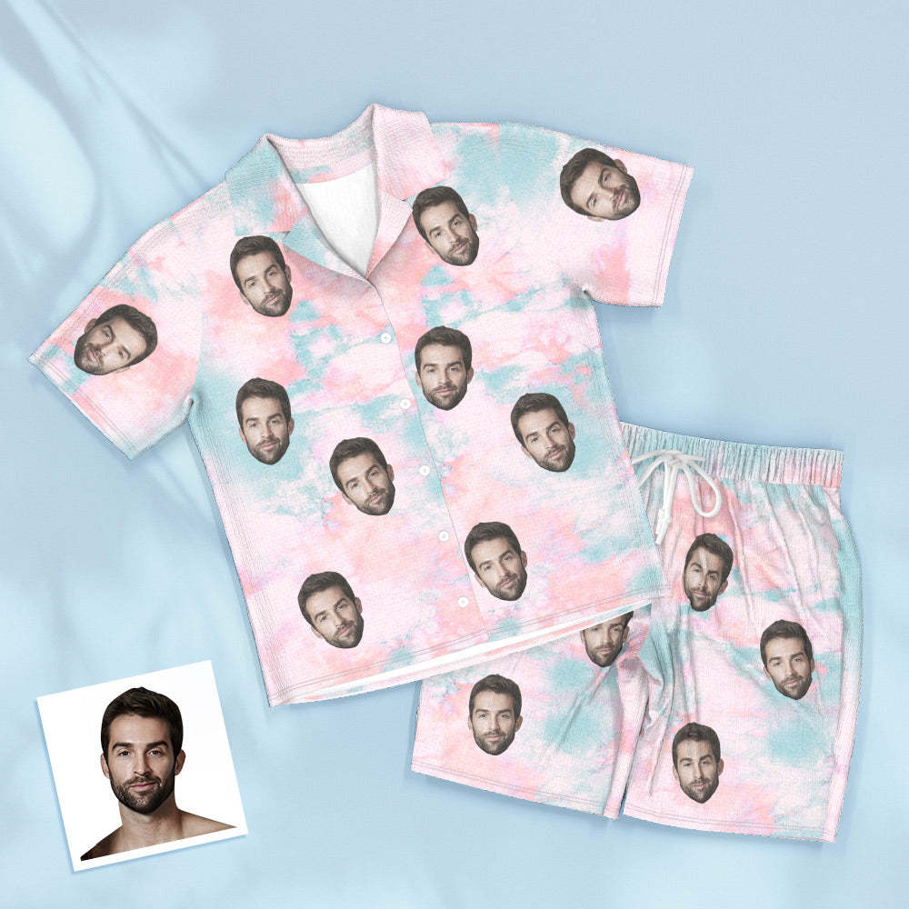 Custom Face Pink Tie Dye Pajamas Personalized Photo Short Sleepwear Love Gifts For Lover - PhotoBoxer