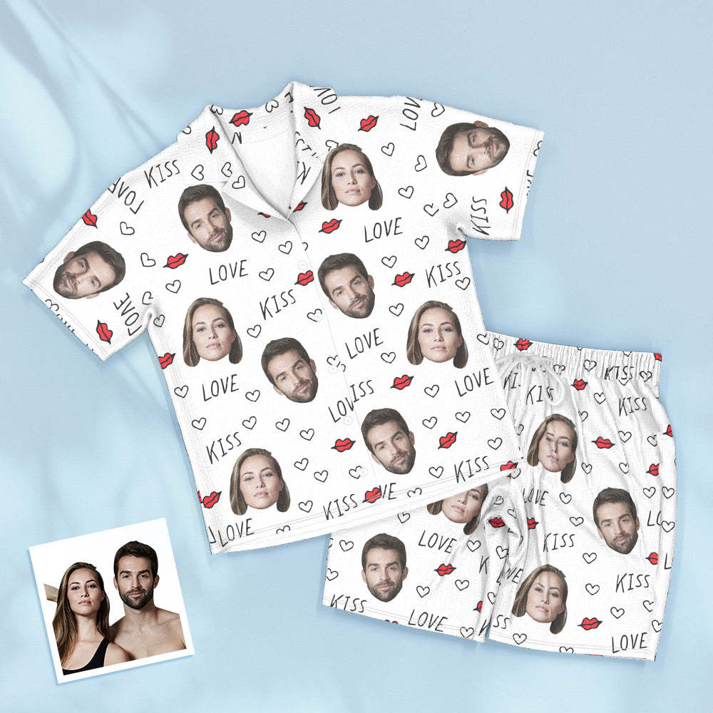 Custom Couple Face Short Sleeved Pajamas Personalized Photo Sleepwear Women Men Love Gifts - PhotoBoxer