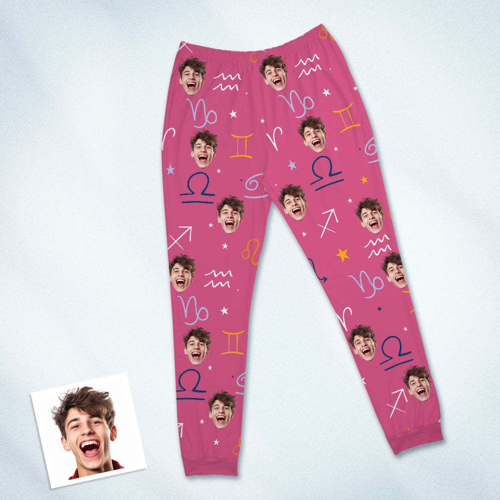 Custom Face Pajamas Sleepwear Personalized Round Neck Pink Pajamas Constellation Symbol For Women