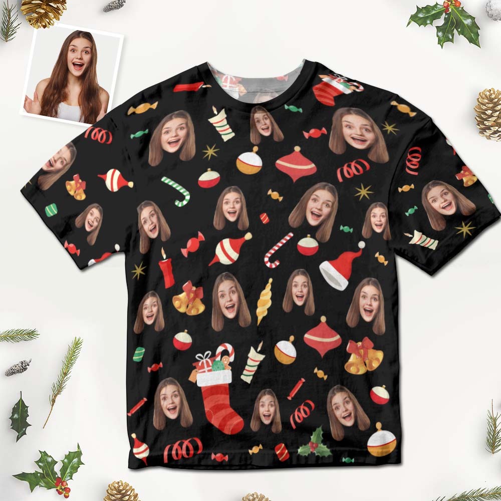 Custom Face T-shirt Christmas Gifts Cute Christmas Candy Christmas T-shirt - PhotoBoxer