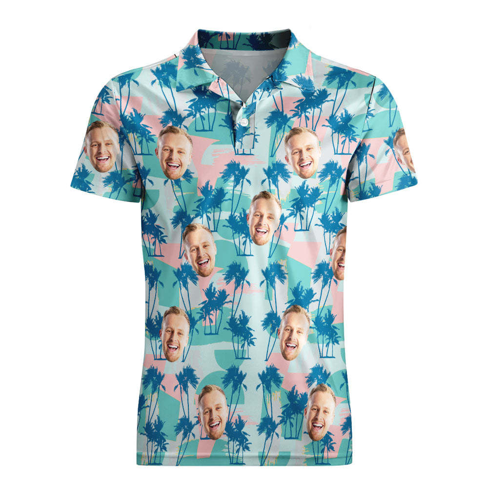 Custom Men's Face Polo Shirt Golf Summer Polo Shirt Blue Palm Tree - PhotoBoxer