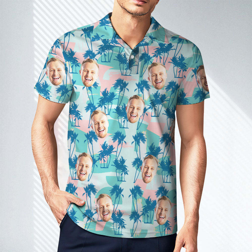 Custom Men's Face Polo Shirt Golf Summer Polo Shirt Blue Palm Tree - PhotoBoxer