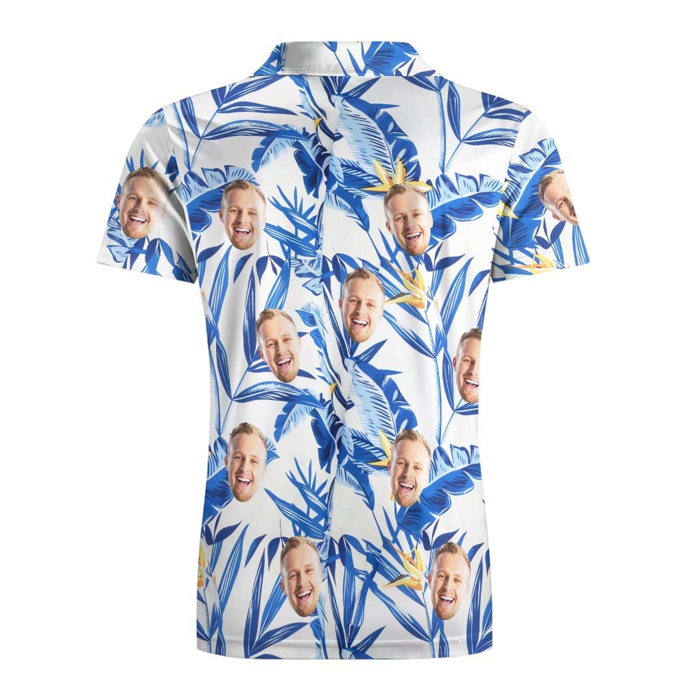 Custom Men's Face Polo Shirt Aloha Golf Polo Shirt Blue Leaves Gift For Him - PhotoBoxer