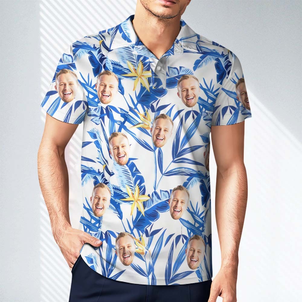 Custom Men's Face Polo Shirt Aloha Golf Polo Shirt Blue Leaves Gift For Him - PhotoBoxer